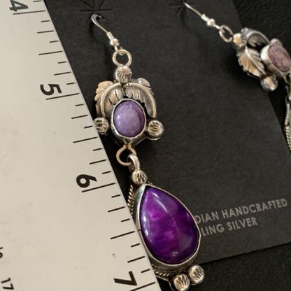 Navajo Purple Sugilite Dangle Earrings | Sterling Silver | 2" | Authentic Native American Handmade | 12902