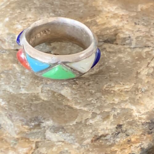 Navajo Multi-Color Turquoise Lapis Coral Mother of Pearl Inlay Ring | Sterling Silver | Sz 5.5 | 12399
