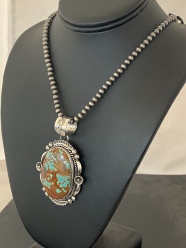 Men's Navajo Pearls Necklace Pendant | Sterling Silver | Blue Turquoise #8 | Authentic Native American Handmade | 527