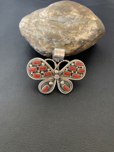 Navajo Red Coral Butterfly Pendant | Authentic Native American Sterling Silver | Multi-Stone | 1.5" | 1998