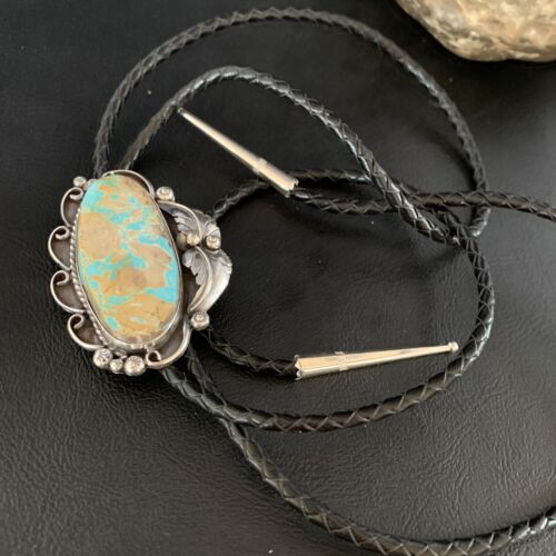 Navajo Green Royston Turquoise Bolo Tie | Sterling Silver | Authentic Native American Handmade | 14106