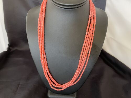 Navajo Pink Coral 5-Strand Necklace | Sterling Silver Barrel Beads | 22" | Authentic Native American | 10436