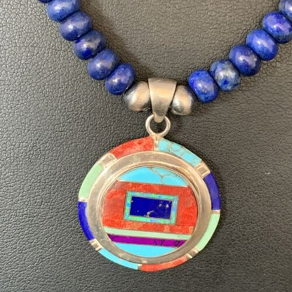 Authentic Native American Navajo Necklace | Sterling Silver with Turquoise, Lapis & Opal Pendant | 13981