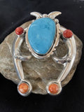 Navajo Turquoise & Coral Naja Tufa Cast Pendant | Authentic Native American Handmade | Sterling Silver | 01061