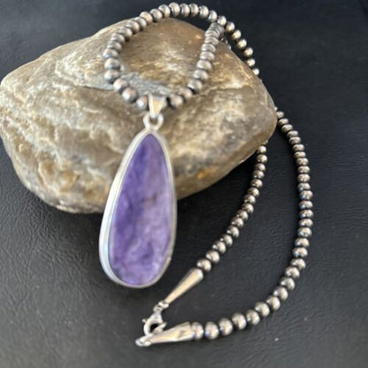 Navajo Pearls Purple Charoite Necklace Pendant | Sterling Silver | Authentic Native American Handmade | 14465