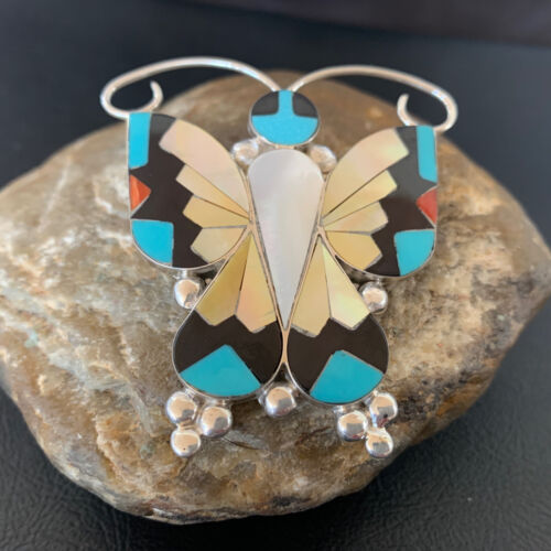 Blue Turquoise Coral Butterfly Necklace Pin Pendant | Zuni Sterling Silver | Native American Handmade | 11965