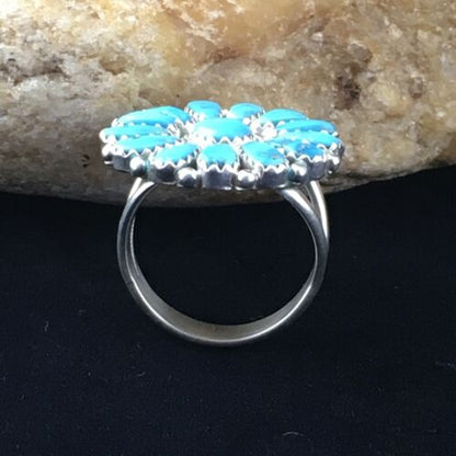 Navajo Blue Kingman Turquoise Cluster Ring | Authentic Native American Sterling Silver | Multi-Stone | Sz 7 | 10114