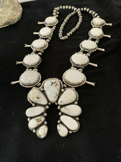 Navajo White Buffalo Turquoise Naja Pendant | Sterling Silver Squash Blossom Necklace | 21" | 00629 - Masha USA