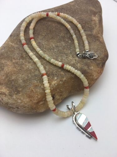 Native American Opal & Coral Beads Inlay Necklace | Sterling Silver | 8911