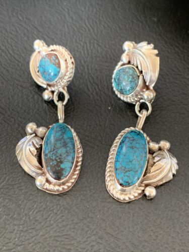 Handmade Navajo Spiderweb Turquoise Dangle Earrings | Sterling Silver | Authentic Native American | 1400