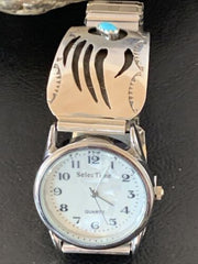 Men's Navajo Bear Paw Watch Tips | Sterling Silver & Blue Turquoise Band | Authentic Native American Jewelry | 11575