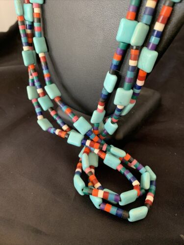 Native American Santo Domingo Turquoise Coral Bead Necklace | 3-Strand | 28" | 11988 - Masha USA