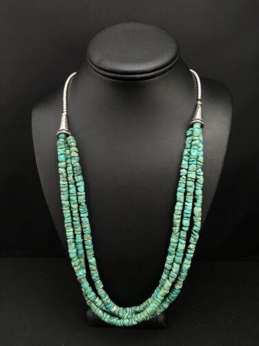 Native American Sterling Silver 3-Strand Turquoise Heishi Necklace | 27" | 6mm Beads | 1138 - Masha USA