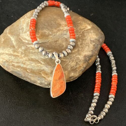 Navajo Red Apple Coral Necklace Pendant Naja | Sterling Silver | Authentic Native American Handmade | 13933