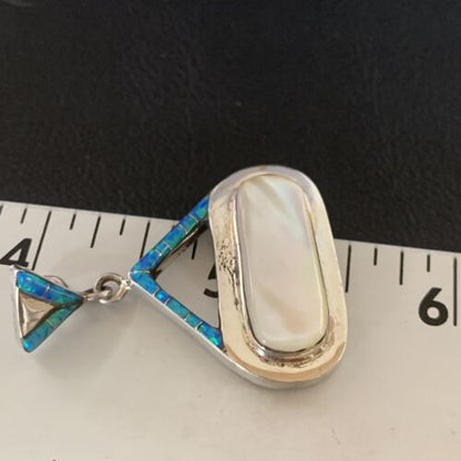 Authentic Native American Navajo Sterling Silver Pendant | White Mother of Pearl & Blue Opal Inlay | Handmade Jewelry | 12886
