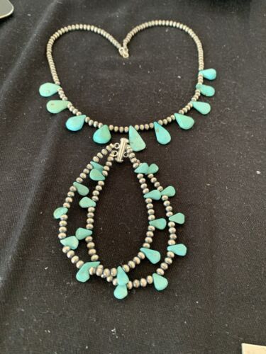 Navajo Pearls Sterling Silver Necklace & Bracelet Set | Blue Turquoise | Authentic Native American Handmade | 516