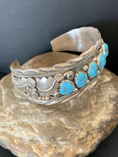Navajo Sterling Silver Blue Kingman Turquoise Cuff Bracelet | 5 Stone | Authentic Native American Handmade | 12161