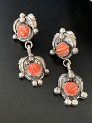 Navajo Red Spiny Oyster Dangle Earrings | Sterling Silver | Authentic Native American Handmade | 2063