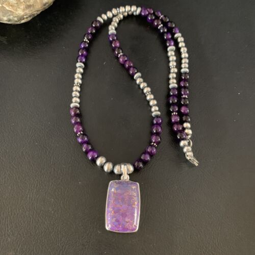 Navajo Pearl Purple Mojave Turquoise Onyx Pendant Necklace | Sterling Silver | Authentic Native American Handmade | 13404