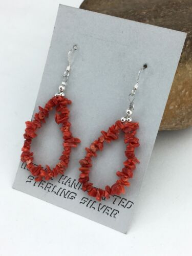 Native American Sterling Silver Navajo Red Coral Earrings | 2" | 1086