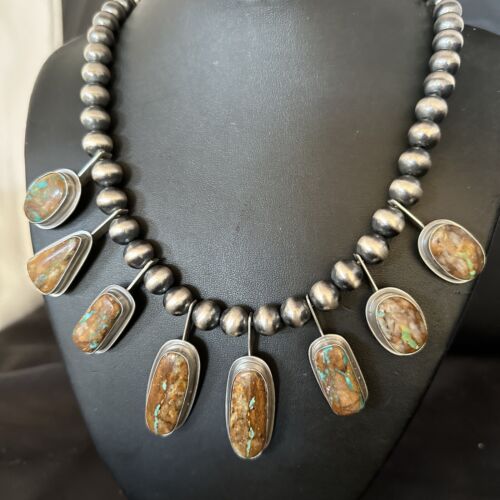 Southwestern Boulder Turquoise Necklace | 23" | Navajo Sterling Silver | Authentic Native American Handmade | 14485