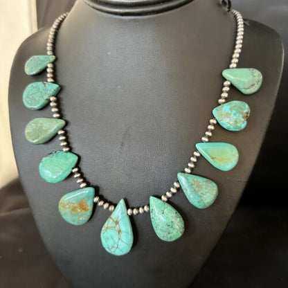 Navajo Teardrop Blue Turquoise Necklace | Sterling Silver Pearls | Authentic Native American Handmade | 14389