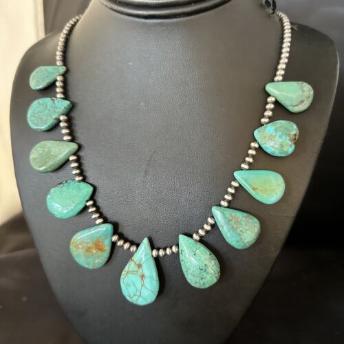 Navajo Teardrop Blue Turquoise Necklace | Sterling Silver Pearls | Authentic Native American Handmade | 14389