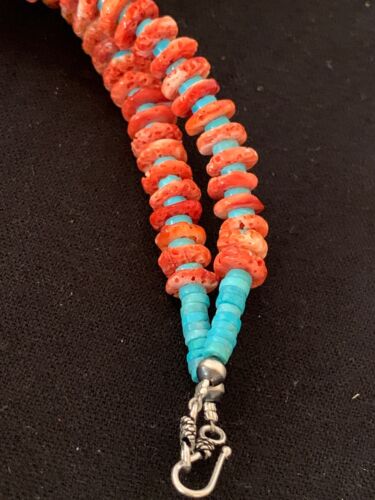 Red Spiny Oyster & Blue Turquoise Graduated Necklace | Sterling Silver | Authentic Native American | 25" | 13712
