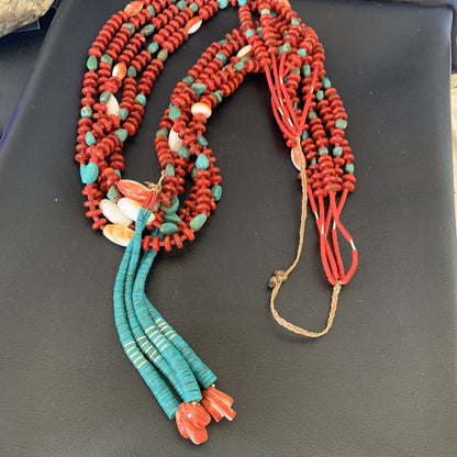 Southwestern Santo Domingo Red Coral Green Turquoise 5-Strand Jacla Necklace | 36" | Native American Handmade | 12053