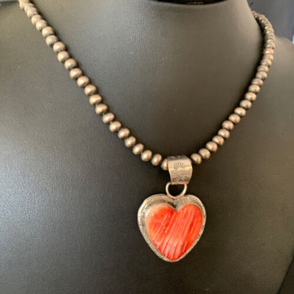 Navajo Red Heart Spiny Oyster Pendant Necklace | Sterling Silver | Authentic Native American Handmade | 13951 - Masha USA