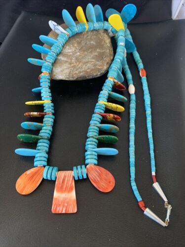 Native American Santo Domingo Spiny Turquoise Necklace | 40" | Sterling Silver | 12066 - Masha USA