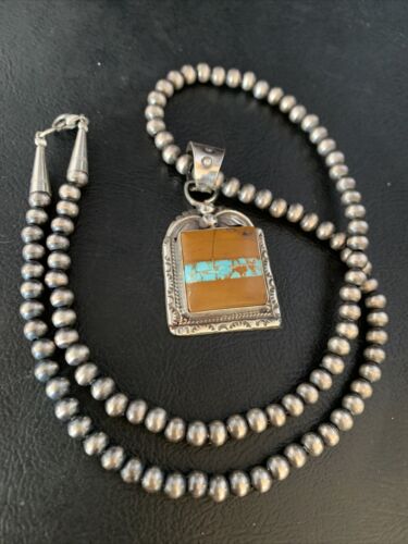 Men's Blue Boulder Turquoise Necklace Pendant | Sterling Silver | Navajo Handmade | 13767