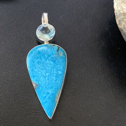 Navajo Blue Topaz Turquoise Pendant | Sterling Silver | 3" | Authentic Native American Handmade | 10709