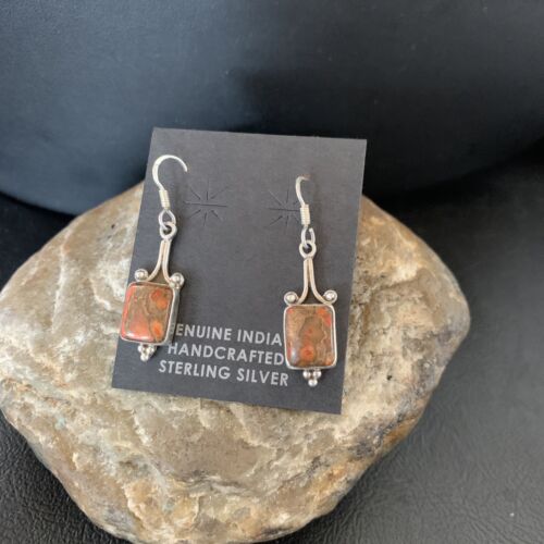 Navajo Orange Spiny Oyster Inlay Earrings | Sterling Silver | Authentic Native American Handmade | 12829