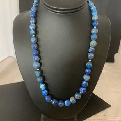 Navajo | Sterling Silver | Handmade Blue Denim Lapis Bead Necklace Pendant | Authentic Native American | 20" | 02206
