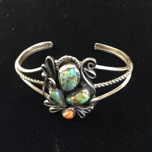 Navajo Native American Bracelet | Sterling Silver | Spiny Oyster Green Turquoise | 10113