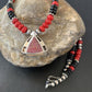 Navajo Pearls Necklace Pendant | Sterling Silver Onyx & Coral Inlay | Authentic Native American Handmade | 1930