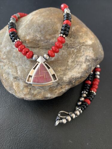 Native Navajo Pearls Sterling Silver Onyx & Coral Necklace Pendant 1930
