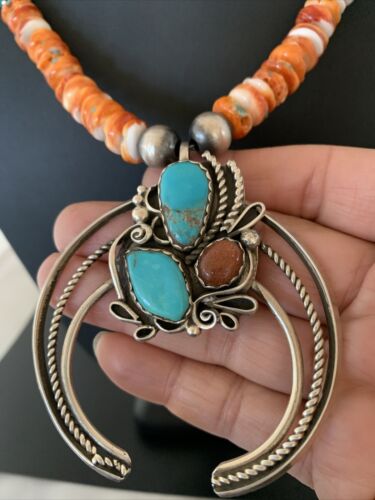 Navajo Turquoise & Spiny Oyster Naja Pendant Necklace | Sterling Silver Navajo Pearls | 1020