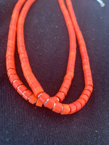 Navajo Apple Coral Tube Heishi Bead Necklace | 2 Strand | Sterling Silver | Authentic Native American Handmade | 4700