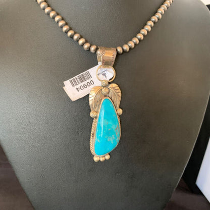 Men's Navajo Pearls Necklace with Blue Kingman Turquoise Pendant | Sterling Silver | 00904