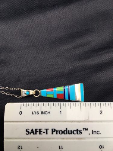Navajo Turquoise & Coral Inlay Pendant | Sterling Silver Chain | Authentic Native American Handmade | 4437