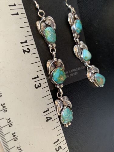 Navajo Green Turquoise Earrings | Sonoran Gold | Sterling Silver | 3 Dangle | Authentic Native American Handmade | 13925