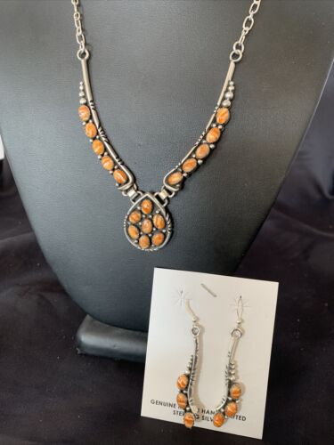 Navajo Orange Spiny Oyster Necklace Earrings Set | Sterling Silver | Authentic Native American Handmade | 2103