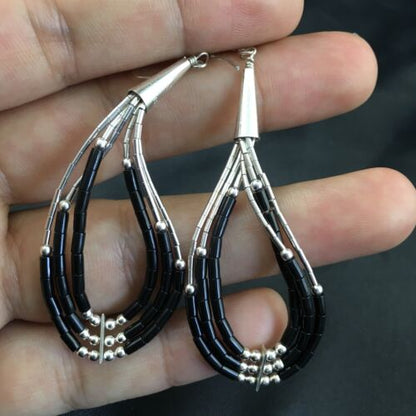 Handmade Liquid Sterling Silver Heishi Dangle Earrings | Black Onyx Tube | 2.25" | 2017