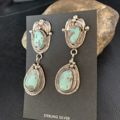 Navajo Blue Dry Creek Turquoise Post Dangle Earrings | Sterling Silver | Authentic Native American Handmade | 13816