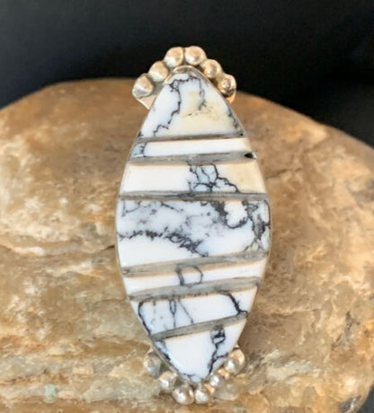 Navajo White Buffalo Turquoise Inlay Ring | Sterling Silver | Sz 9 | Authentic Native American Handmade | 12173