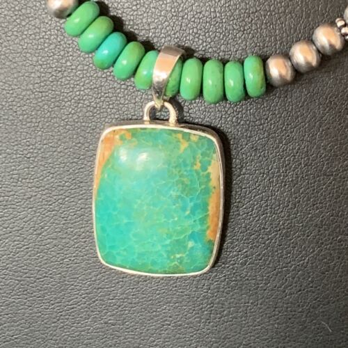 Navajo Green Turquoise Pendant Necklace | Sterling Silver Beads | Authentic Native American Handmade | 13305