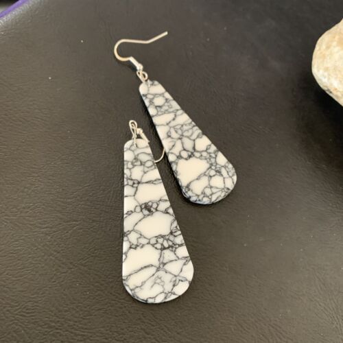 Navajo White Buffalo Turquoise Dangle Earrings | Sterling Silver | 2" | Authentic Native American Handmade | 11751