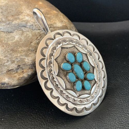 Navajo Blue Turquoise Cluster Pendant | Sterling Silver | 3" | Authentic Native American Handmade | 2105